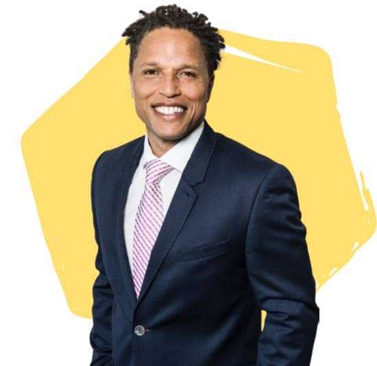 Cobi Jones, Board Director, in front of a yellow hexagon.